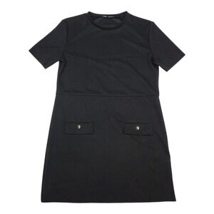 Zara Black Mod Shift Dress Sz M Short Sleeve Mini Gold Button Detail 60s Style
